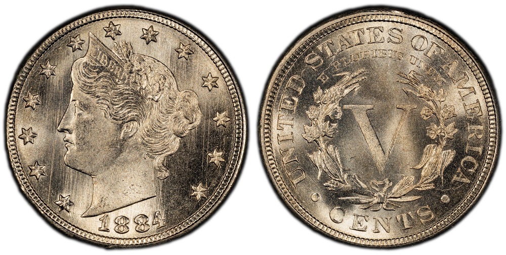 1884 Liberty Head V nickel obverse and reverse, Philadelphia Mint