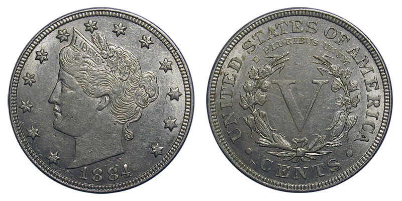 1884 Liberty nickel RPD-003 repunched date showing underlying 18 impression within date digits