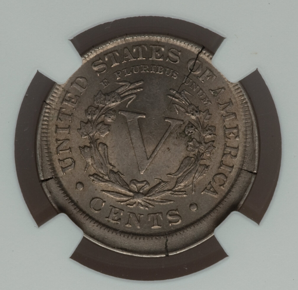 1884 Liberty nickel broadstrike mint error showing expanded diameter and missing collar rim detail