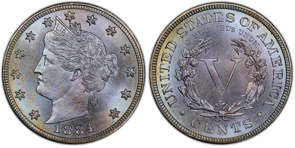 1884 Liberty nickel grading strip showing Good, Fine, Extremely Fine, and Mint State examples side by side